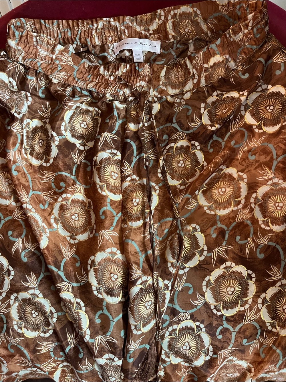 Chelsea & Theodore Brown Floral  Pants with Aqua Accents
